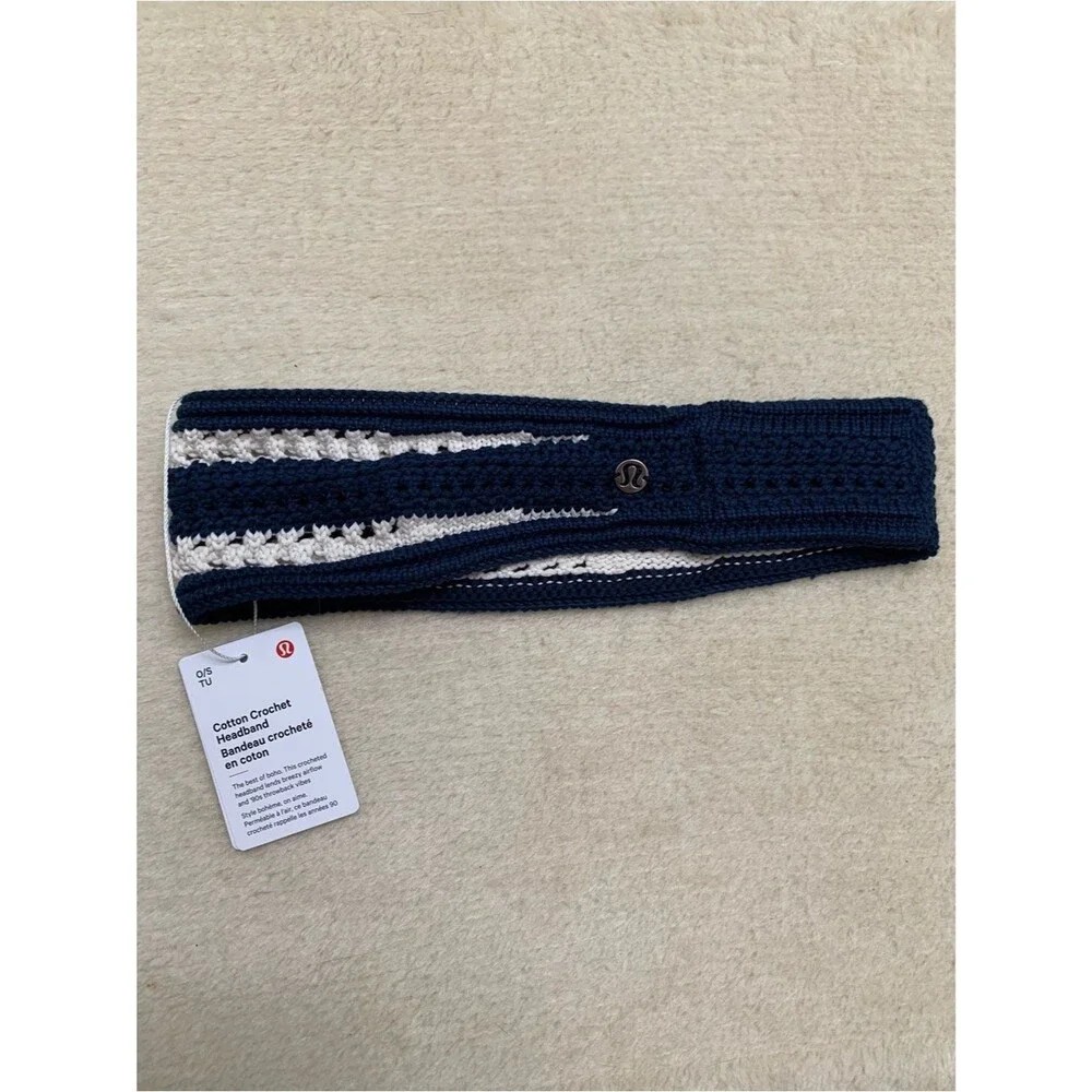 Lululemon Cotton Crochet Headband Club Blue/ Light Ivory One Size New